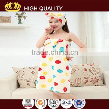 Microfiber soft velour printed woman bathrobe with bath cap