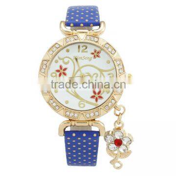 Fashion Flower Pendant Bracelet Watches Women, Diamond Kimseng Rhinestone Lady Dress Leather Wrist Watch