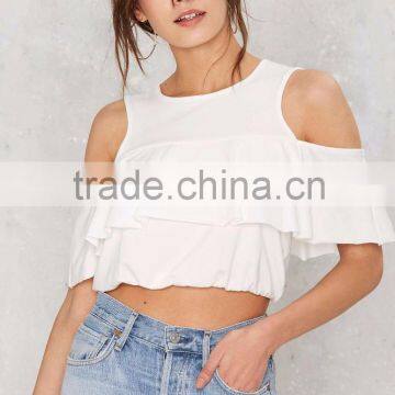 Solid Color Cold Shoulder Ladies Ruffle Top photo-2