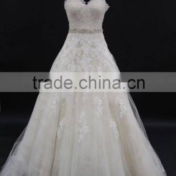 Two Straps Cross Back L.gold/IV Colored A-line 2016 Wedding Dress With Long Train