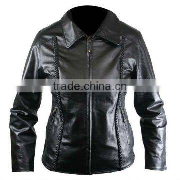 Ladies Black Braided Motorcycle Leather Jacket