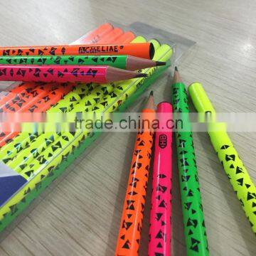 7" standard size round shape soft wood neon body heat rolling HB pencil with dipped top