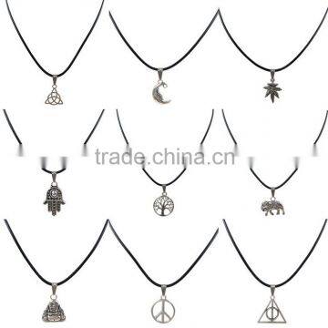 New Black Leather Cord Choker Charm Necklace Pendant Vintage Retro Boho Hippy Silver