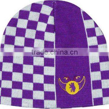 Acrylic purple double layer jacquard with embroidery knitted hat