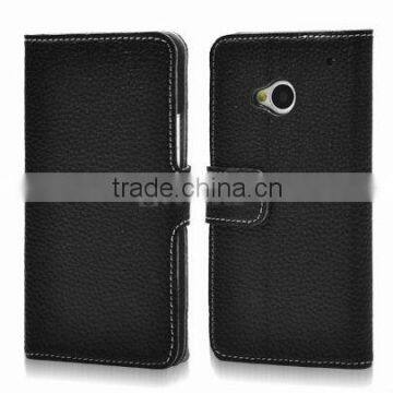 Luxury card holder slot lychee skin leather wallet case for HTC One case