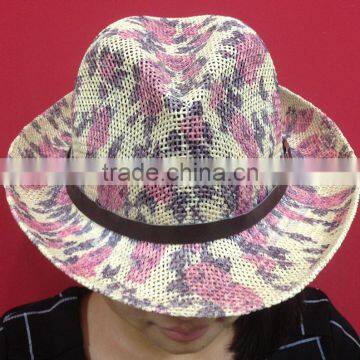 print woven straw hat with leather band