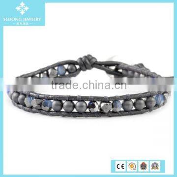 New Cheap Hematine and Silver Mix Single Wrap Bracelet on Gunmetal Leather 2015