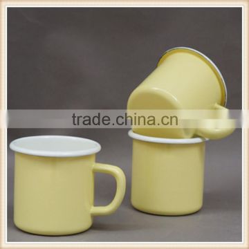 Green Gray red yellow Black enamel mug with white rim and printing