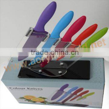 5 pcs colorful kitchen knife set with slotted acrylic block/acrylic knife stand