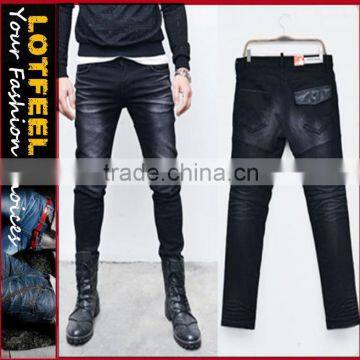 Leather Pocket Bonding Washing Black Biker Jeans (LOTG017)