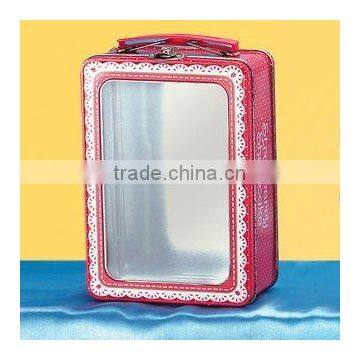 rectangular shape size:185*125*75mm with clear window tin case with handle