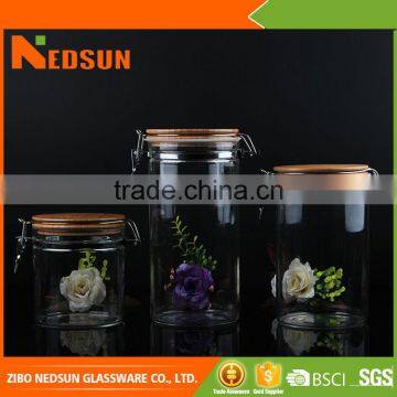 Customized storage glass jar with wooden clip lid