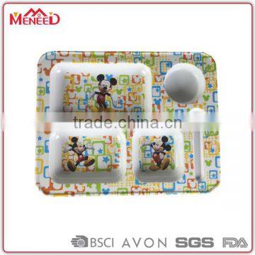 Wholesale food contact mouse printing 3 sections with cup holder children lunch tray, melamine kids compartment plate