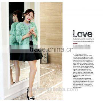 2016 New Women's Fashion Imitation Real Rabbit Fur Nine Quarter Sleeve O-neck Wide Strips Short Jacket Coat photo-5