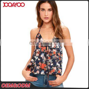 Latest Design Girls Lace - Up Deep V Neck Print Floral Navy Blue Sexy Ladies Halter Lace Crop Top