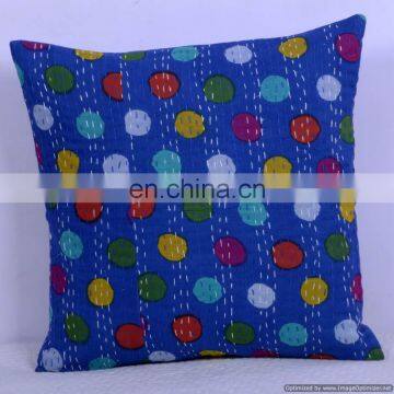 Blue Polka Dot Indian Cotton Handmade Hand Quilted Kantha Cushion Cover Kantha Throw Pillow Cover Deocrative Ethnic Textile