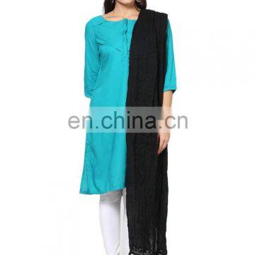 Solid Pompom Black Cotton Dupatta Stole