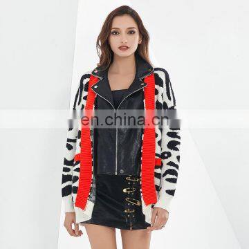 TWOTWINSTYLE Korean Patchwork PU Leather Women's Sweater Lapel Collar Long Sleeve Oversize photo-5