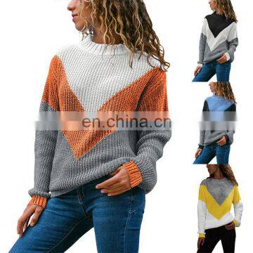 Woman Pullovers Loose Knitted Jumpers Winter Color Block Casual Sweater