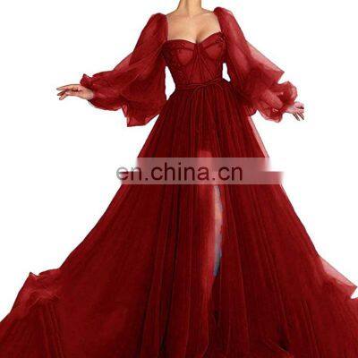 Puffy Sleeve Prom Dress Long Sweetheart Tulle Ball Gown Princess Wedding Formal Evening Gowns with Split