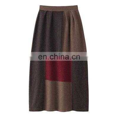 New Elegant Lady's Real Cashmere Skirt Fashionable Color Blocking Breathable Woolen Fabric Solid Pattern Natural Yarn Dyed