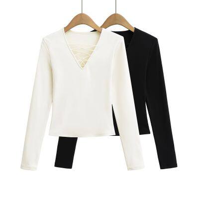 Hot Girl Pure Lust V-neck Tie Long-sleeved T-shirt Women's Spring and Autumn Slim Body Slimming Undershirt Inner and Outer Wear Short Top photo-4