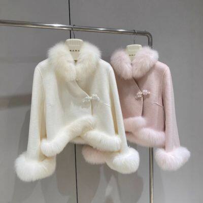 Novo casaco de l? dupla face de estilo chinês para outono e inverno da popula??o do Jiangnan, casaco curto de pele de l? dupla face com colarinho de pele de raposa