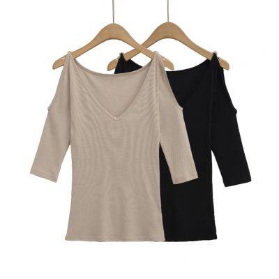 Summer new fashionable casual V-neck off shoulder design slim fit top solid color mid sleeve t-shirt