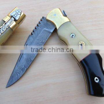 udk f226" custom handmade Damascus folding knife / pocket knife with brass bolster and Camel bone and horn handle