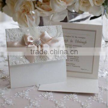 high quality new style fold cards with pearl lace and fancy ribbon wedding invitaitons card