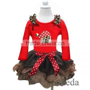 Leopard Petal Tutu with Xmas Red Polka Dots Leopard Santa Hat Red Long Sleeves Tee