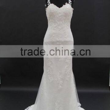 New French Over Lace Sheath Pattern Long Tail Wedding Dress With Slim Straps