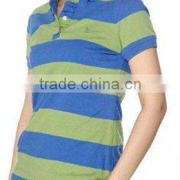 Cotton Green Striped Short-Sleeves Women Polo Shirt