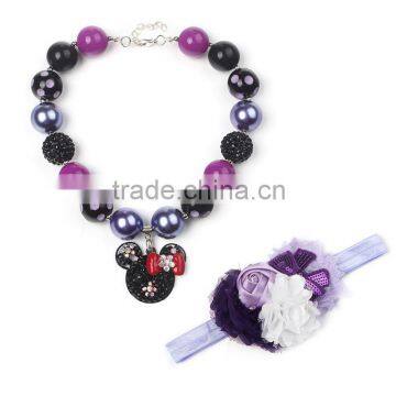 purple mickey necklace and satin lace flower bowknot hairband baby pendant crystal girl necklace