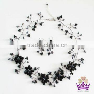 Flower Black Agate with Freshwater Pearl Flower Stone Necklace set with earrings