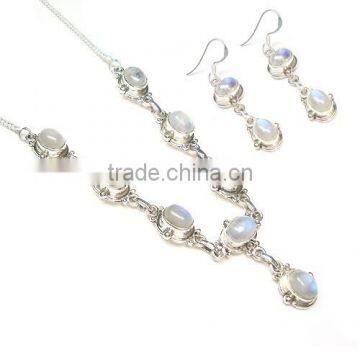 Rainbow Moonstone silver jewelry set Natural stone necklace and earrings