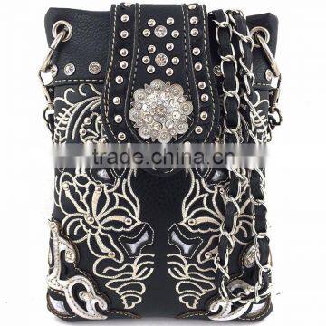 Western Cowgirl Black Rhinestone Concho Cross Body Hipster Purse Long ChainStrap