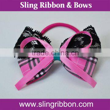 Black Pink Lace Plaid Print Satin Ribbon Bow Tie