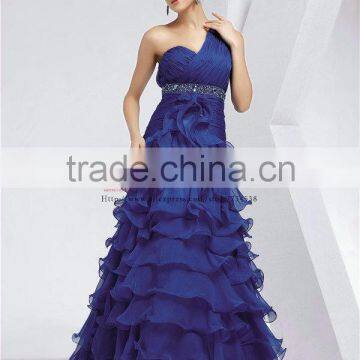 Elegant Blue One-shoulder Ruffle Layering Formal Chiffon Quinceanera Dress Pattern photo-2
