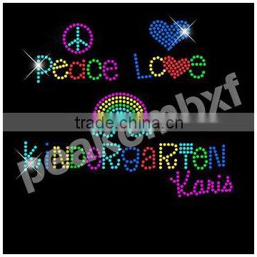 Peace Love Kindergarten Rhinestone Diamante Transfer Iron On Hotfix Gem TShirt Motif