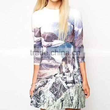 fashion long sleeve ladies short dress wholesale quality digital printed dress