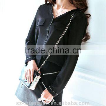 SZXX Tops Fashion Womens Lady Black Wide Collar Casual Blouse photo-2