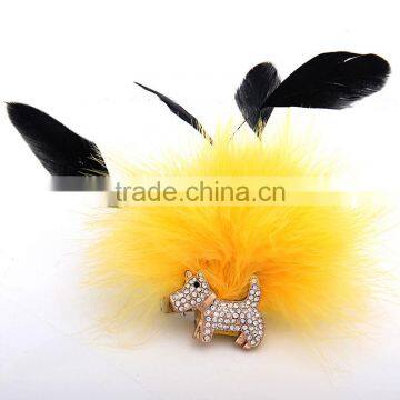 Sweet Dog Feather Girls Brooch with Crystals,Bead & Feather Fabric Corsage Pin