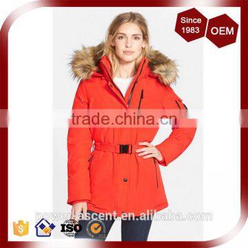 Women's Belted Quilting Padding Long Parka With Detachable Faux Fur Hood