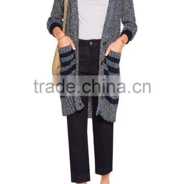 Newly Arrival Thick Black Strips Pattern Cardigan Knitwear for Women With Button Fastening and Two Waist Pockets photo-2