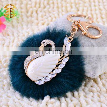 High Quality Fox Fur Keychain Real Fox Fur Pom Poms with Diamond Swan Keychain