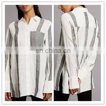 Ladies Pure Linen Striped Long Sleeve Women Shirt (SY061501)