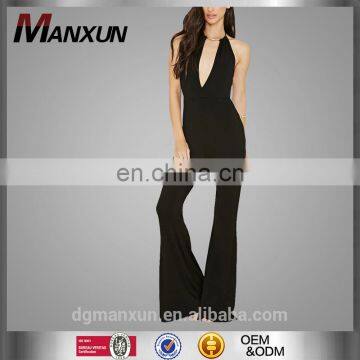 High Quality Bar Accented Halter Jumpsuit V neckline Black Romper For Female