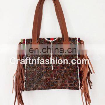 Bohemian Banjara Leather Fringe Ethnic Handbag, Tribal gypsy girl's leather frienge HANDBAG- Banjara Shoulder Bag with Fringe