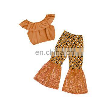 Plain khaki sleeveless crop Top and spot pattern sequin bell bottom 2pcs Baby Girl summer suit